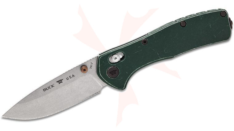 Buck 0791GRS2 Range Trail Worn Elite Crossbar Lock Folding Knife 3.375 inch MagnaCut Stonewashed Drop Point Blade, Tumbled Green Aluminum Handles