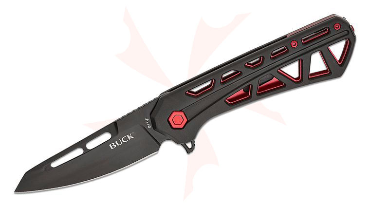 Buck 811 Trace Ops Liner Lock Flipper Knife 3.23 inch Black Reverse Tanto Blade, Skeletonized Black/Red Aluminum Handles