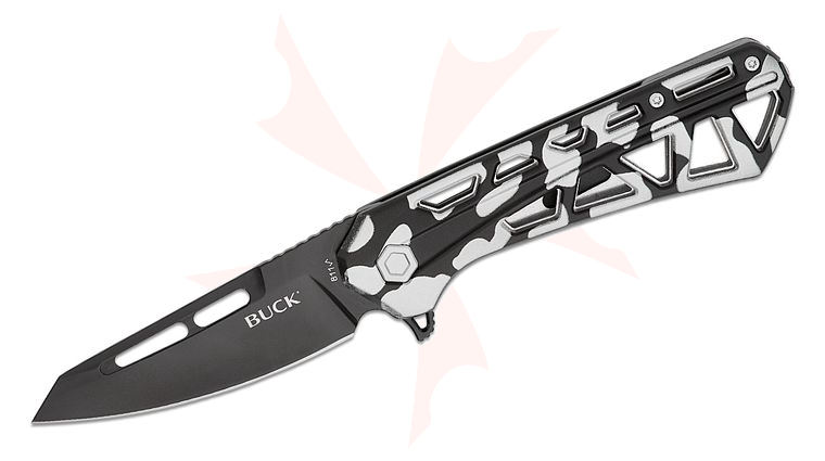 Buck 811 Trace Ops Liner Lock Flipper Knife 3.23 inch Black Reverse Tanto Blade, Skeletonized Black/White Camo Aluminum Handles