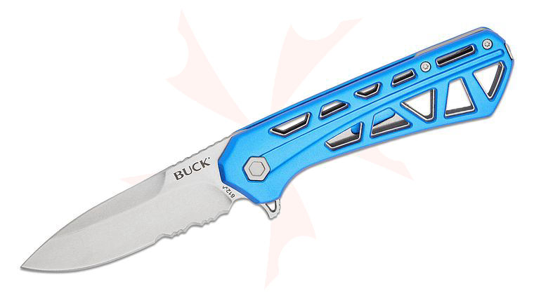 Buck 812 Trace Liner Lock Flipper Knife 3.23 inch Stonewashed Combo Drop Point Blade, Skeletonized Blue Aluminum Handles