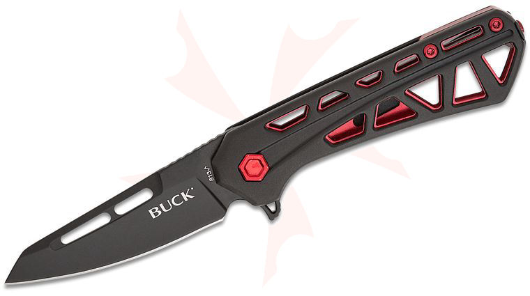 Buck 813 Mini Trace Ops Liner Lock Flipper Knife 2.43 inch Black Reverse Tanto Blade, Skeletonized Black/Red Aluminum Handles