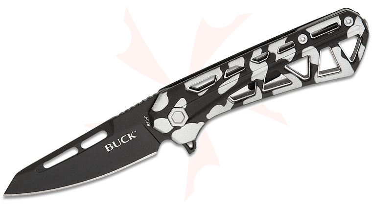 Buck 813 Mini Trace Ops Liner Lock Flipper Knife 2.43 inch Black Reverse Tanto Blade, Skeletonized Black/White Camo Aluminum Handles
