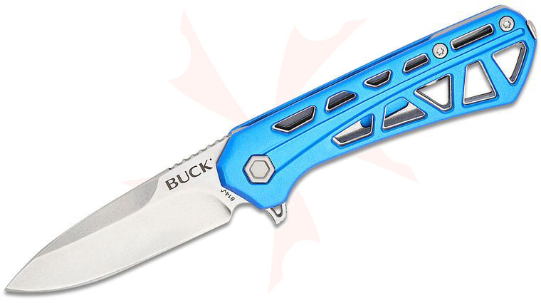 Buck 814 Mini Trace Liner Lock Flipper Knife 2.43 inch Stonewashed Drop Point Blade, Skeletonized Blue Aluminum Handles
