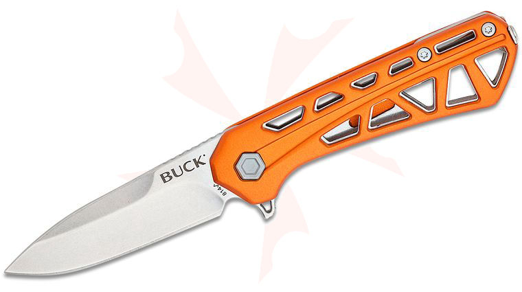 Buck 814 Mini Trace Liner Lock Flipper Knife 2.43 inch Stonewashed Drop Point Blade, Skeletonized Orange Aluminum Handles