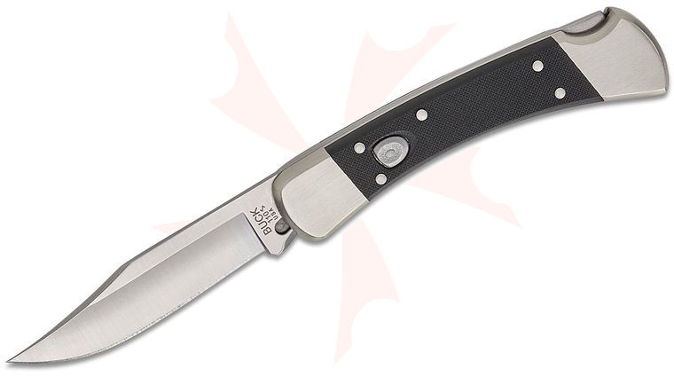 Buck 110 AUTO Elite Folding Hunter 3.75 inch CPM-MagnaCut Satin Plain Blade, Black G10 Handles, Black Leather Sheath