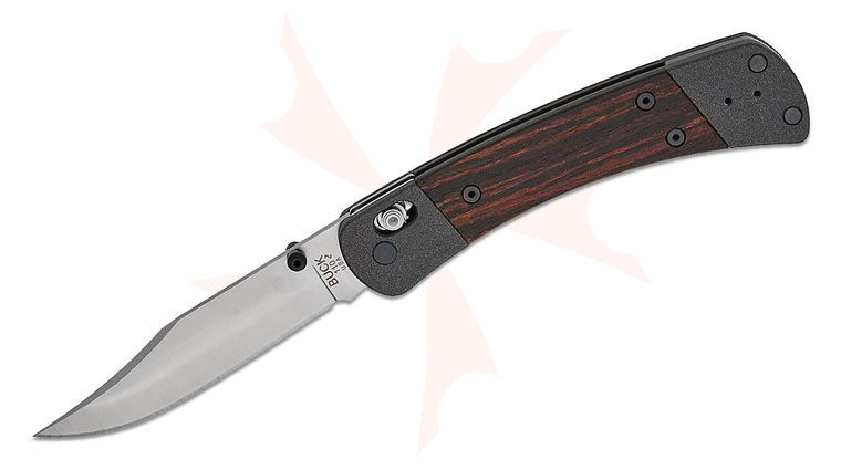Buck 110 Crossbar Lock Folding Hunter Knife 3.75 inch MagnaCut Satin Clip Point Plain Blade, Macassar Ebony Wood Handles with Blasted Aluminum Bolsters, Deep Carry Pocket Clip