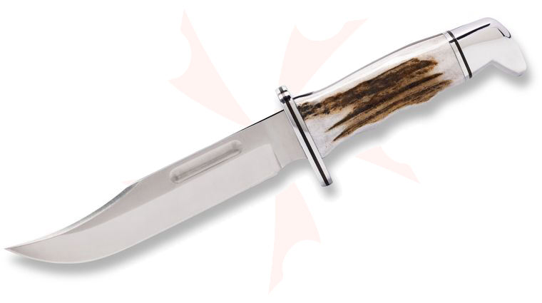 Buck Legacy 119 Special Hunting Fixed Blade Knife 6 inch 420HC Satin Bowie Blade, Genuine Elk Antler Handles with Nickel Silver Bolsters, Black Leather Sheath