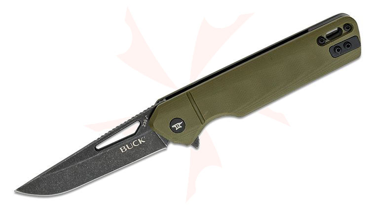 Buck 239 Infusion Assisted Flipper Knife 3.25 inch Black Stonewashed Modified Tanto Blade, OD Green G10 Handles