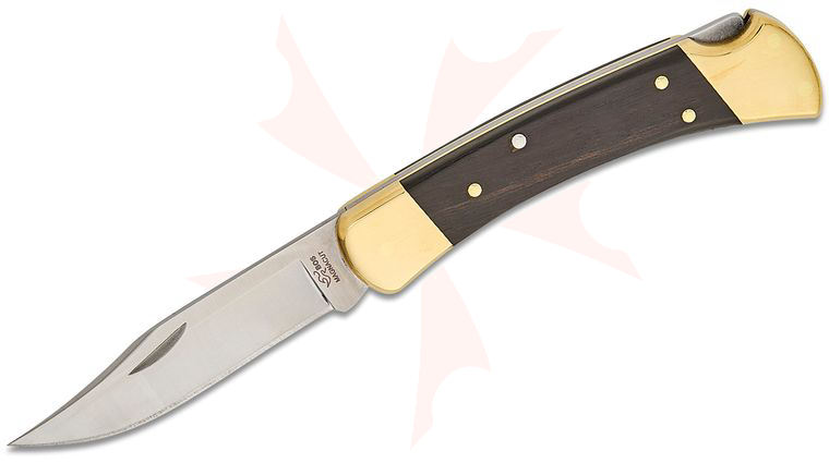 Buck 110 Limited Edition 60th Anniversary Lockback Folding Hunter Knife 3.75 inch CPM-MagnaCut Satin Clip Point Blade, Ebony Wood Handles with Brass Bolsters, Leather Belt Sheath