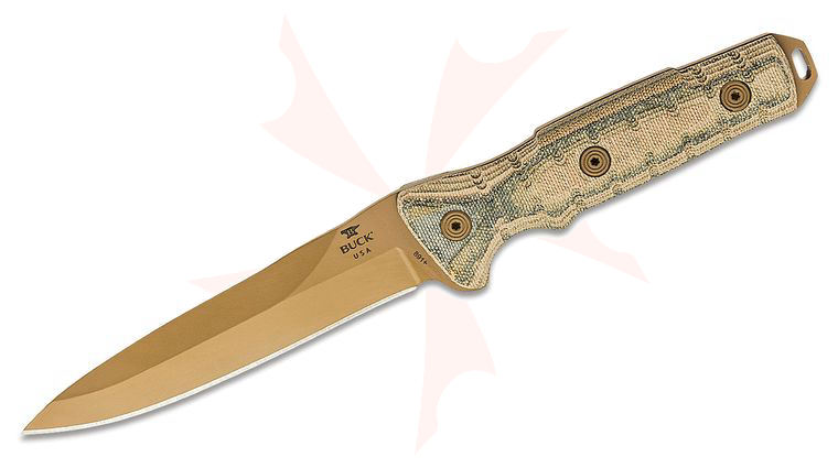 Buck 891 GCK Ground Combat Knife Fixed 5.5 inch 5160 Coyote Tan Spear Point Blade, Tri-Color Micarta Handles, Molded Nylon Sheath
