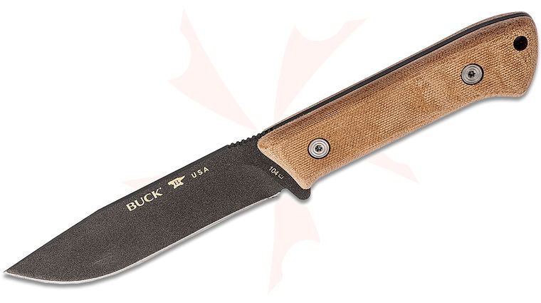 Buck 104 Compadre Camp Knife Fixed Blade Knife 4.5 inch Cerakote Cobalt, Natural Canvas Micarta Handles, Black Leather Sheath