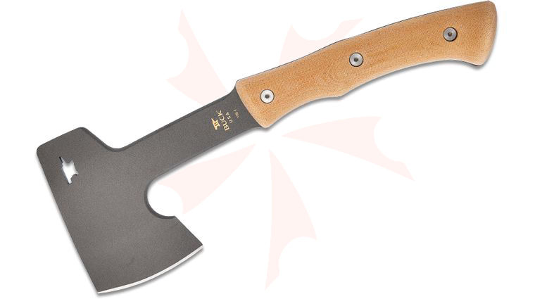 Buck 106 Compadre Axe 3 inch Cerakote Cobalt Coated Blade, Natural Canvas Micarta Handles, Black Leather Sheath