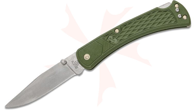 Buck 110 Slim Select Folding Hunter 3.75 inch Plain Blade, OD Green GFN Handles, Deep Carry Pocket Clip