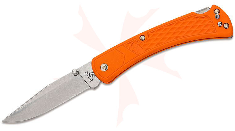 Buck 110 Slim Select Folding Hunter 3.75 inch Plain Blade, Blaze Orange GFN Handles, Deep Carry Pocket Clip