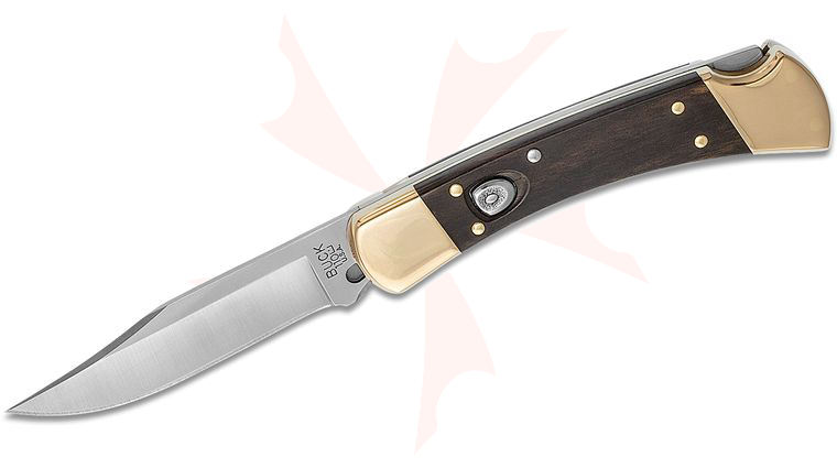 Buck 110 AUTO Folding Hunter 3.75 inch Plain Blade, Ebony Wood Handles, Leather Sheath