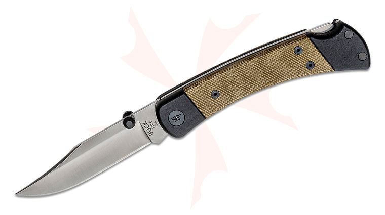Buck 110 Hunter Sport Folding Knife 3.75 inch S35VN Plain Blade, Black Aluminum Handles with Green Micarta Inlays