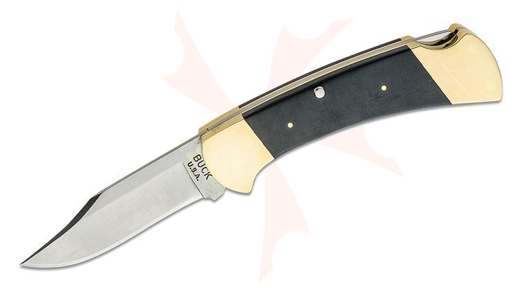Buck 112 Ranger Vintage Tribute Folding Knife 3 inch 440C Plain Blade, Black Micarta Handles with Brass Bolsters, Black Leather Sheath