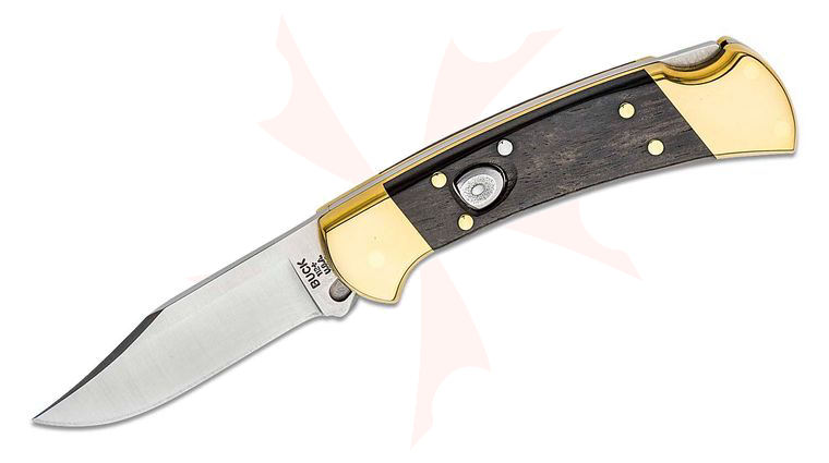 Buck 112 AUTO Ranger Folding Knife 3 inch Plain Blade, Ebony Wood Handles with Brass Bolsters, Leather Sheath