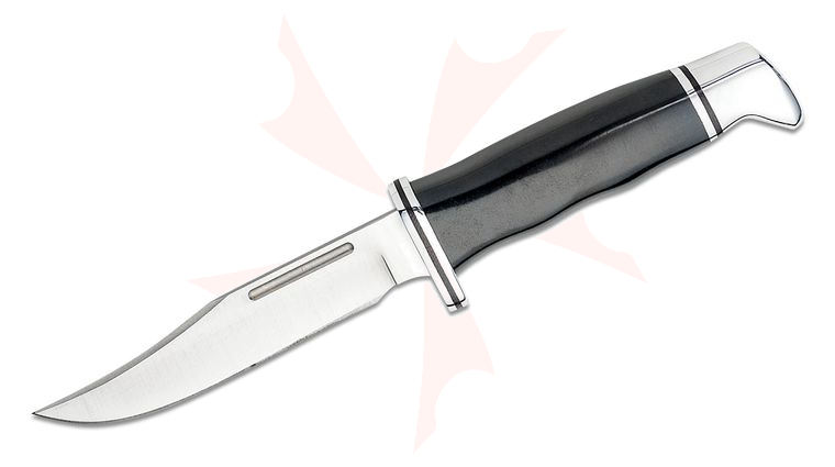 Buck 117 Brahma Fixed Blade Knife 4.5 inch 420HC Satin Clip Point, Black Phenolic Handle, Leather Sheath