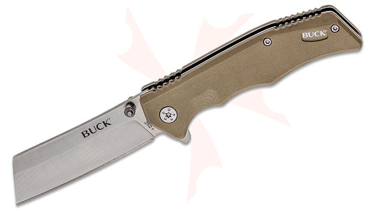 Buck 252 Trunk Flipper Knife 2.875 inch Cleaver Plain Blade, Tan (Khaki) G10 Handles (0252TNS)