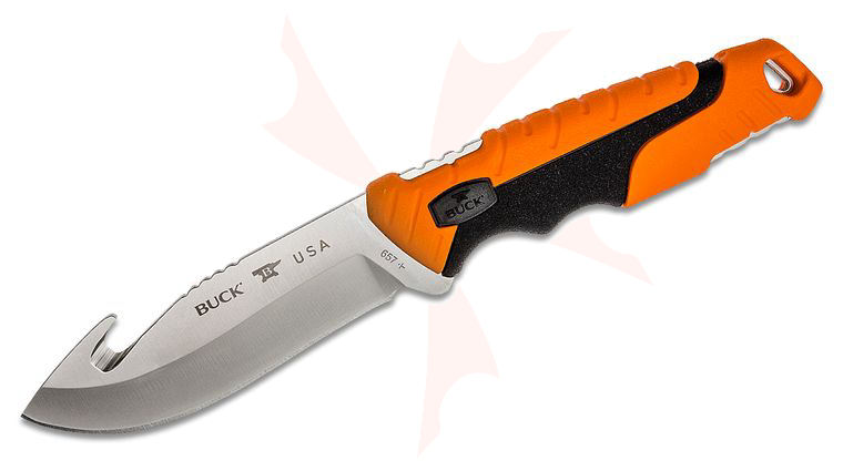Buck 657 Large Pursuit Pro Fixed Blade Knife 4.25 inch S35VN Stainless Steel Guthook, Orange GRN and Rubber Handles, Polyester Sheath