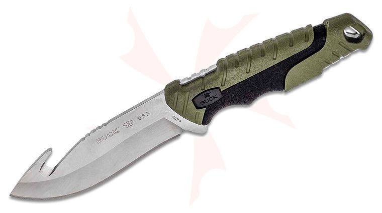 Buck 657 Large Pursuit Fixed Blade Knife 4.25 inch 420HC Stainless Steel Guthook, Green GRN and Rubber Handles, Nylon Sheath