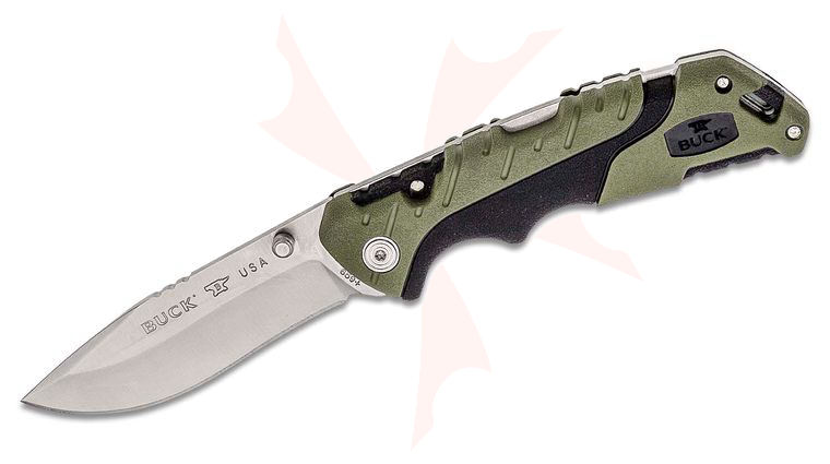 Buck 659 Large Pursuit Folding Knife 3.625 inch 420HC Stainless Steel Drop Point, Green GRN and Rubber Handles, Nylon Sheath