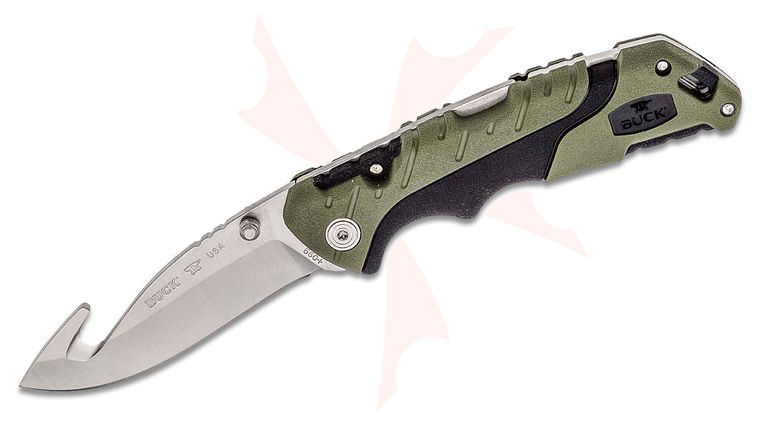 Buck 660 Large Pursuit Folding Knife 3.5 inch 420HC Stainless Steel Guthook, Green GRN and Rubber Handles, Nylon Sheath