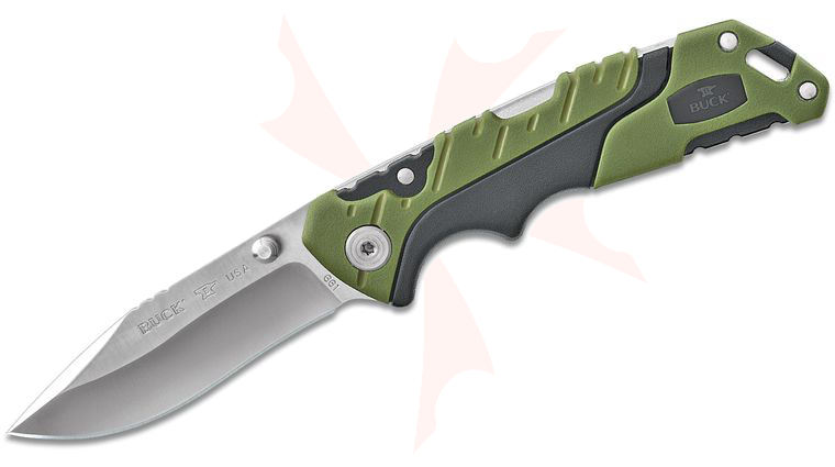 Buck 661 Small Pursuit Folding Knife 3 inch 420HC Stainless Steel Drop Point, Green GRN and Rubber Handles, Nylon Sheath