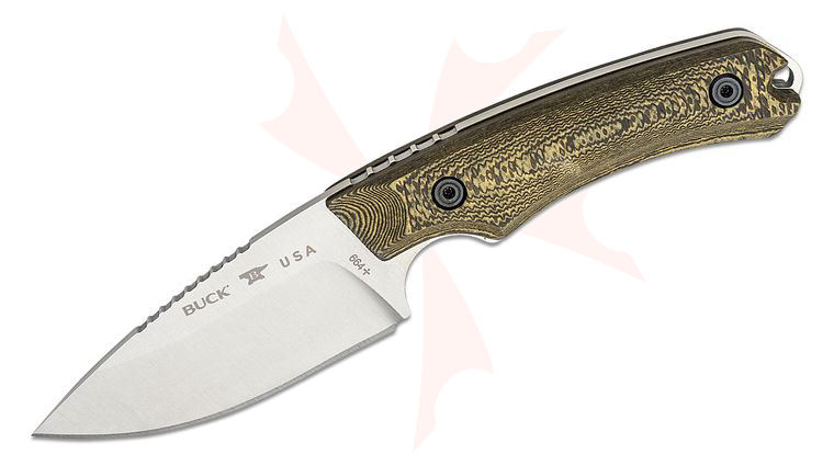 Buck 664 Alpha Hunter Fixed Blade Knife 3.625 inch S35VN Satin Drop Point, Layered Gorge Patterned Richlite Handles, Leather Sheath
