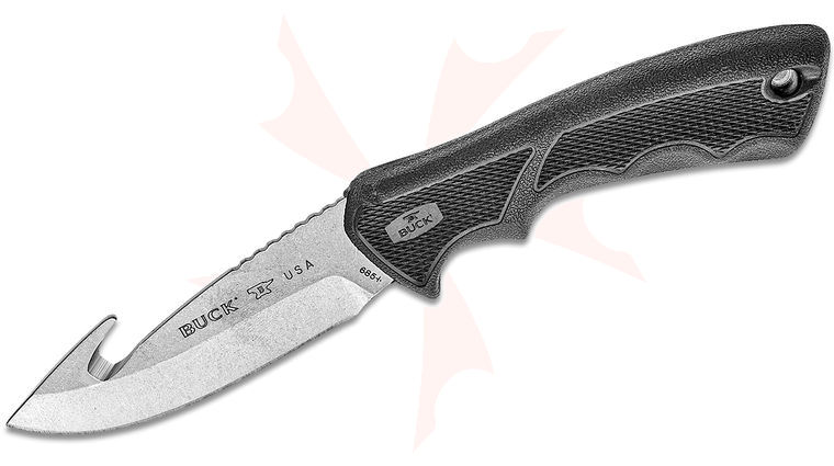 Buck 685 BuckLite MAX II Large Hunting Fixed Knife 4 inch Stonewashed Blade with Gut Hook, Black Rubberized Handles, Polyester Sheath