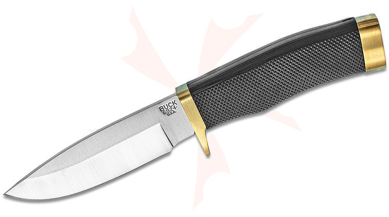 Buck 692BKS Vanguard Fixed Blade 4.125 inch Satin Drop Point Blade, Black Rubber Handles with Brass Bolsters, Nylon Sheath