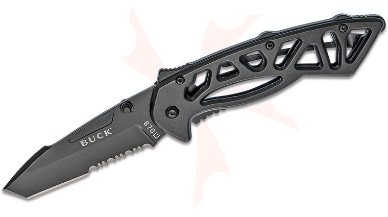 Buck 870 Bones Large Black Frame Lock Flipper Knife 3 inch Combo Tanto Blade, Steel Handles