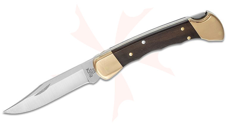 Buck 110 Folding Hunter 3.75 inch Plain Blade, Finger Grooved, Ebony Wood Handles, Leather Sheath