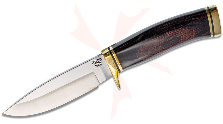 Buck 192BRS Vanguard Fixed Blade 4.25 inch Satin Drop Point Blade, Heritage Walnut Handles with Brass Bolsters, Leather Sheath