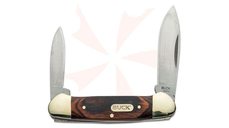 Buck 389 Canoe Two Blade Pocket Knife 3-5/8 inch Closed, Woodgrain Handles