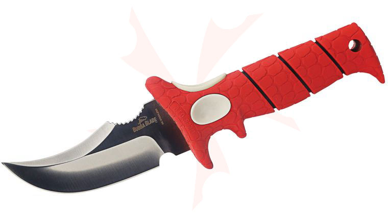 Bubba Blade Rhino AKA Stubby Fixed Blade Hunting Knife 4 inch Upswept Two-Tone Black/Satin, Red TPR Handle, Nylon Sheath