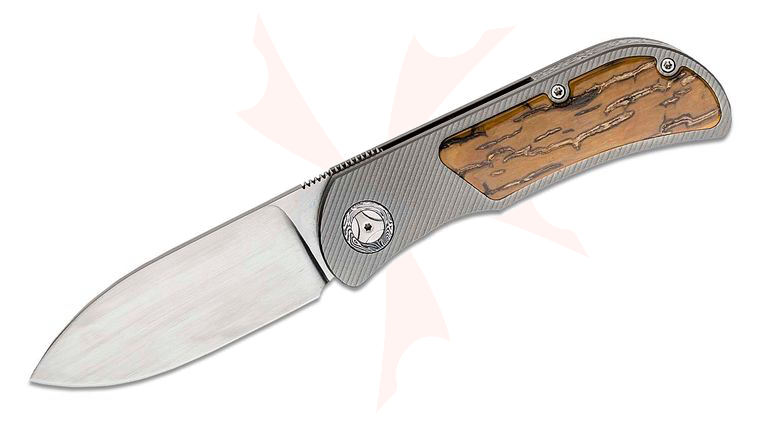 Trevor Burger Custom EXK CFL Front Flipper Knife 2.75 inch Elmax Hand Rubbed Drop Point Blade, 3D Titanium Handles with Fossilized Mammoth Bark Inlay, Damasteel Spacer, Collars and Clip
