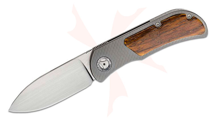 Trevor Burger Custom EXK CFL Front Flipper Knife 2.75 inch Elmax Hand Rubbed Drop Point Blade, 3D Titanium Handles with Fossilized Mammoth Bark Inlay, Damasteel Spacer, Collars, and Clip