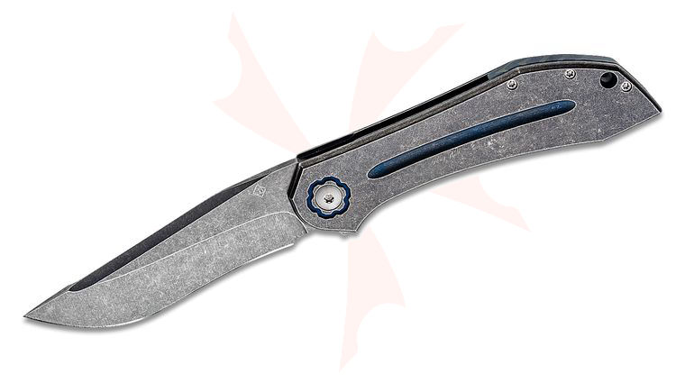 Jim Burke Custom Ascension Flipper Knife 4.125 inch Takefu Super Gold 2 Long Recurve Clip Point Blade, Blue Stonewashed Milled Titanium Handles