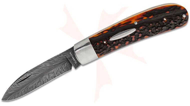 Burt Flanagan Custom Slipjoint Traditional Folding Knife 3.05 inch Andrew Smith Feather Damascus Pen Blade, Bolstered Stainless Steel Handles with Amber Stag Scales