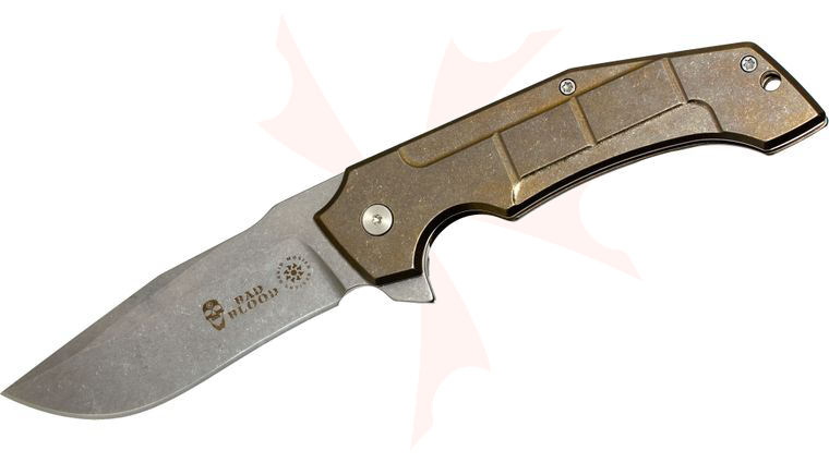 Bad Blood Knives Kendrick/Mosier Burning Horizon Mid-Tech Flipper 3.65 inch S35VN Stonewashed Blade, Titanium Handle