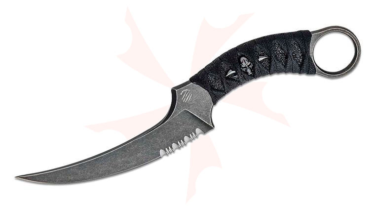 Bastinelli Creations Mako Fixed Blade Knife 4.625 inch N690Co Black PVD Stonewashed Combo, Custom Black Tsukamaki Handle Wrap with Bronze Menuki, Kydex Sheath