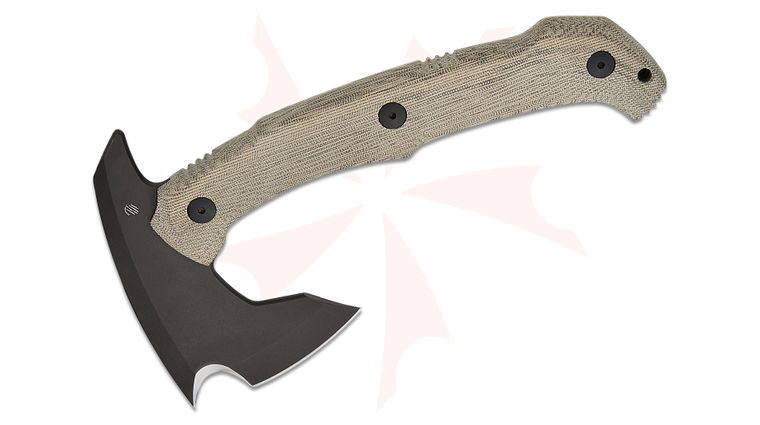 Bastinelli Creations Addiction Axe Tomahawk 9.5 inch Overall, M390 Black PVD Notched Blade, OD Green Micarta Handles, Kydex Sheath