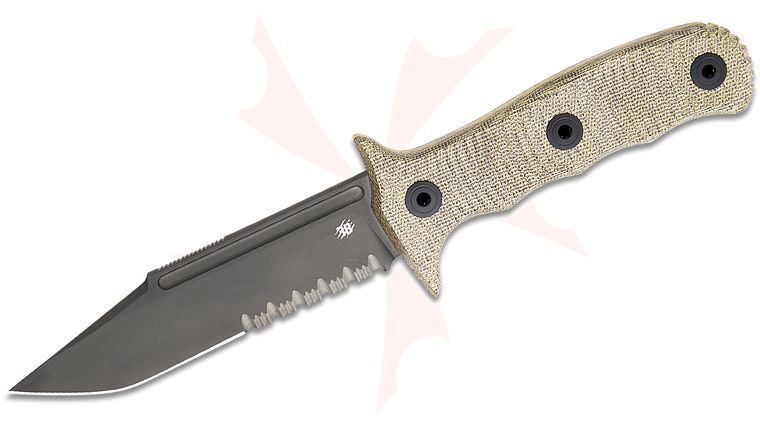 Bastinelli Creations/VolWest Binome Fixed Blade Knife 5.25 inch M390 Black PVD California Clip Point Combo Blade, Green Canvas Micarta Handles, Kydex Sheath