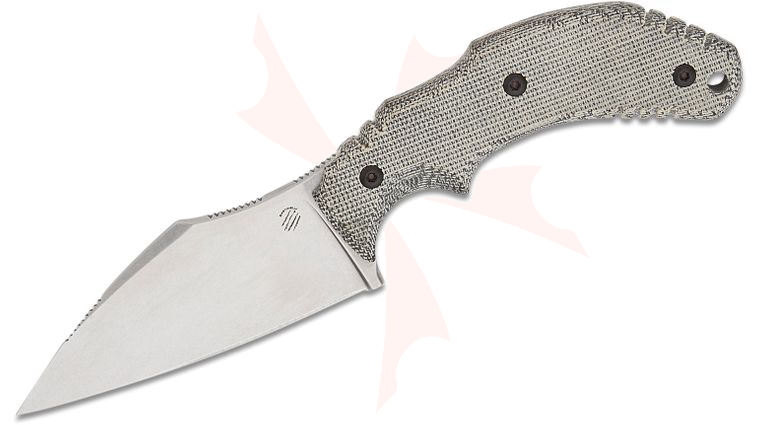Bastinelli Creations Foreigner Fixed Blade Knife 3.38 inch M390 Stonewashed Modified Sheepsfoot Blade, Black Canvas Micarta Handles, Kydex Sheath