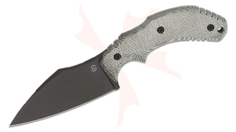 Bastinelli Creations Foreigner Fixed Blade Knife 3.38 inch M390 Black PVD Modified Sheepsfoot Blade, Black Canvas Micarta Handles, Kydex Sheath