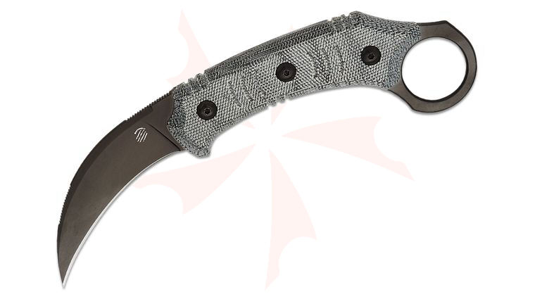 Bastinelli Creations Fury Karambit Fixed Blade Knife 2.6 inch M390 Black PVD Hawkbill Blade, Black Canvas Micarta Handles with Pinky Ring, Kydex Sheath