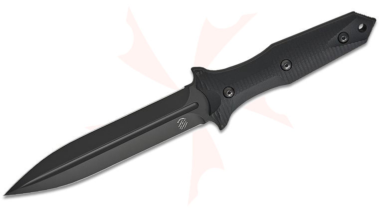 Bastinelli Creations Grozo Fixed Blade Knife 6 inch N690 Black PVD Plain Double Edge Dagger Blade, 3D Machined Black G10 Handles, Kydex Sheath