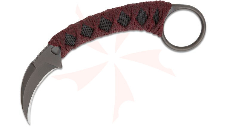 Bastinelli Creations Doug Marcaida PiKa Karambit Fixed Blade Knife 1.65 inch N690Co Black Cerakote Hawkbill, Custom Maroon Tsukamaki Handle Wrap and Pinky Ring, Kydex Sheath